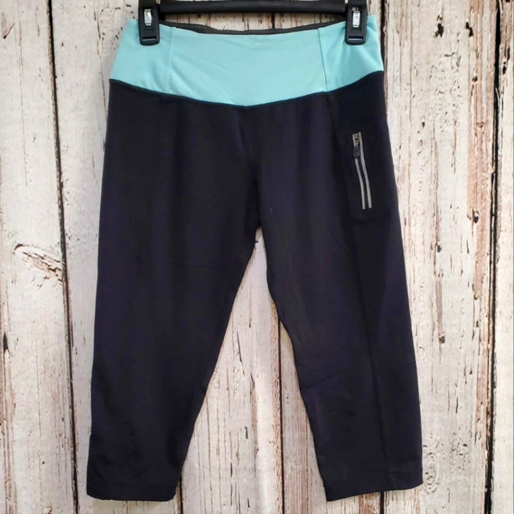 Kyodan Women's Small Black Teal Gray Crop Yoga Leggings High-Waist‎ Two-Tone